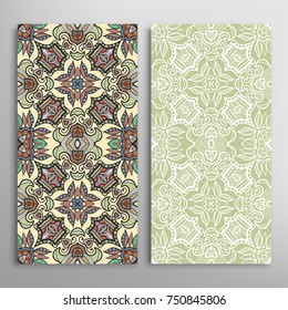 Vertical seamless patterns set, floral geometric lace texture for Wedding, Valentine's day, greeting cards or Birthday Invitations. Decorative seamless backgrounds. Ethnic ornament, border pattern