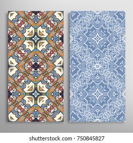 Vertical seamless patterns set, floral geometric lace texture for Wedding, Valentine's day, greeting cards or Birthday Invitations. Decorative seamless backgrounds. Ethnic ornament, border pattern
