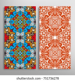 Vertical seamless patterns set, floral geometric lace texture for Wedding, Valentine's day, greeting cards or Birthday Invitations. Decorative seamless backgrounds. Ethnic ornament, border pattern