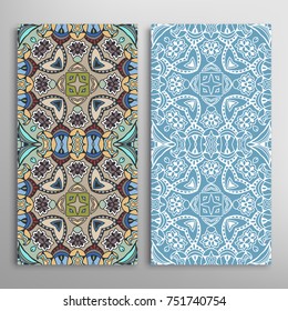 Vertical seamless patterns set, floral geometric lace texture for Wedding, Valentine's day, greeting cards or Birthday Invitations. Decorative seamless backgrounds. Ethnic ornament, border pattern