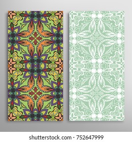 Vertical seamless patterns set, floral geometric lace texture for Wedding, Valentine's day, greeting cards or Birthday Invitations. Decorative seamless backgrounds. Ethnic ornament, border pattern