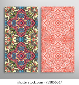 Vertical seamless patterns set, floral geometric lace texture for Wedding, Valentine's day, greeting cards or Birthday Invitations. Decorative seamless backgrounds. Ethnic ornament, border pattern