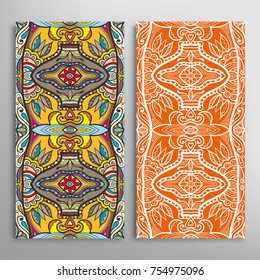 Vertical seamless patterns set, floral geometric lace texture for Wedding, Valentine's day, greeting cards or Birthday Invitations. Decorative seamless backgrounds. Ethnic ornament, border pattern