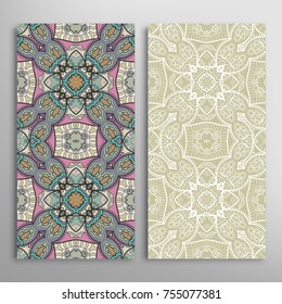 Vertical seamless patterns set, floral geometric lace texture for Wedding, Valentine's day, greeting cards or Birthday Invitations. Decorative seamless backgrounds. Ethnic ornament, border pattern