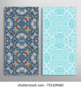 Vertical seamless patterns set, floral geometric lace texture for Wedding, Valentine's day, greeting cards or Birthday Invitations. Decorative seamless backgrounds. Ethnic ornament, border pattern