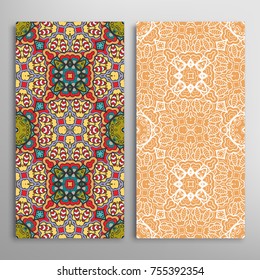 Vertical seamless patterns set, floral geometric lace texture for Wedding, Valentine's day, greeting cards or Birthday Invitations. Decorative seamless backgrounds. Ethnic ornament, border pattern