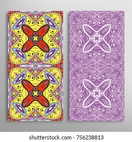 Vertical seamless patterns set, floral geometric lace texture for Wedding, Valentine's day, greeting cards or Birthday Invitations. Decorative seamless backgrounds. Ethnic ornament, border pattern