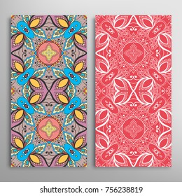 Vertical seamless patterns set, floral geometric lace texture for Wedding, Valentine's day, greeting cards or Birthday Invitations. Decorative seamless backgrounds. Ethnic ornament, border pattern
