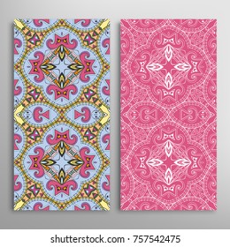 Vertical seamless patterns set, floral geometric lace texture for Wedding, Valentine's day, greeting cards or Birthday Invitations. Decorative seamless backgrounds. Ethnic ornament, border pattern