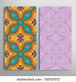 Vertical seamless patterns set, floral geometric lace texture for Wedding, Valentine's day, greeting cards or Birthday Invitations. Decorative seamless backgrounds. Ethnic ornament, border pattern