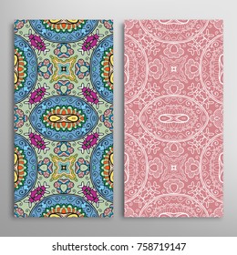 Vertical seamless patterns set, floral geometric lace texture for Wedding, Valentine's day, greeting cards or Birthday Invitations. Decorative seamless backgrounds. Ethnic ornament, border pattern