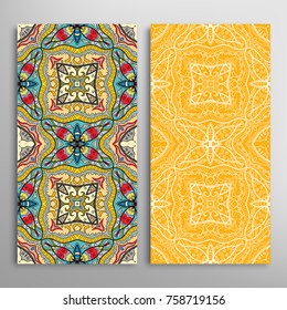 Vertical seamless patterns set, floral geometric lace texture for Wedding, Valentine's day, greeting cards or Birthday Invitations. Decorative seamless backgrounds. Ethnic ornament, border pattern