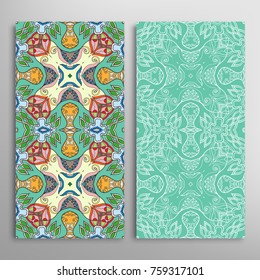 Vertical seamless patterns set, floral geometric lace texture for Wedding, Valentine's day, greeting cards or Birthday Invitations. Decorative seamless backgrounds. Ethnic ornament, border pattern