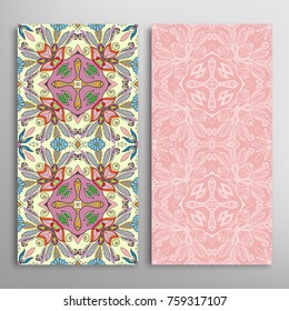 Vertical seamless patterns set, floral geometric lace texture for Wedding, Valentine's day, greeting cards or Birthday Invitations. Decorative seamless backgrounds. Ethnic ornament, border pattern