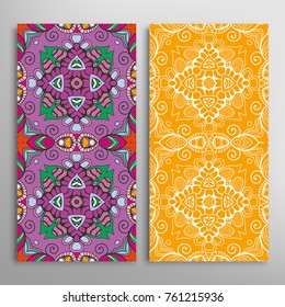 Vertical seamless patterns set, floral geometric lace texture for Wedding, Valentine's day, greeting cards or Birthday Invitations. Decorative seamless backgrounds. Ethnic ornament, border pattern