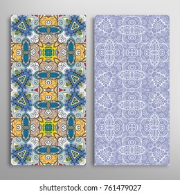 Vertical seamless patterns set, floral geometric lace texture for Wedding, Valentine's day, greeting cards or Birthday Invitations. Decorative seamless backgrounds. Ethnic ornament, border pattern