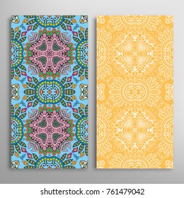 Vertical seamless patterns set, floral geometric lace texture for Wedding, Valentine's day, greeting cards or Birthday Invitations. Decorative seamless backgrounds. Ethnic ornament, border pattern