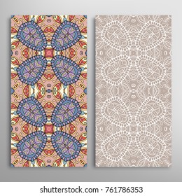 Vertical seamless patterns set, floral geometric lace texture for Wedding, Valentine's day, greeting cards or Birthday Invitations. Decorative seamless backgrounds. Ethnic ornament, border pattern