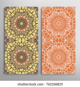 Vertical seamless patterns set, floral geometric lace texture for Wedding, Valentine's day, greeting cards or Birthday Invitations. Decorative seamless backgrounds. Ethnic ornament, border pattern