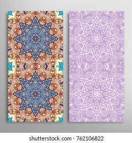 Vertical seamless patterns set, floral geometric lace texture for Wedding, Valentine's day, greeting cards or Birthday Invitations. Decorative seamless backgrounds. Ethnic ornament, border pattern