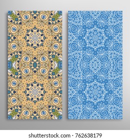 Vertical seamless patterns set, floral geometric lace texture for Wedding, Valentine's day, greeting cards or Birthday Invitations. Decorative seamless backgrounds. Ethnic ornament, border pattern