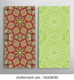 Vertical seamless patterns set, floral geometric lace texture for Wedding, Valentine's day, greeting cards or Birthday Invitations. Decorative seamless backgrounds. Ethnic ornament, border pattern