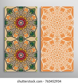 Vertical seamless patterns set, floral geometric lace texture for Wedding, Valentine's day, greeting cards or Birthday Invitations. Decorative seamless backgrounds. Ethnic ornament, border pattern