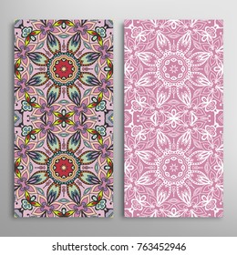 Vertical seamless patterns set, floral geometric lace texture for Wedding, Valentine's day, greeting cards or Birthday Invitations. Decorative seamless backgrounds. Ethnic ornament, border pattern
