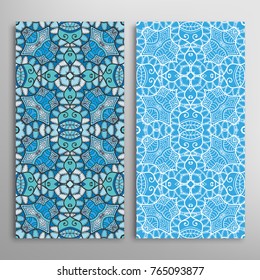 Vertical seamless patterns set, floral geometric lace texture for Wedding, Valentine's day, greeting cards or Birthday Invitations. Decorative seamless backgrounds. Ethnic ornament, border pattern