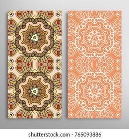 Vertical seamless patterns set, floral geometric lace texture for Wedding, Valentine's day, greeting cards or Birthday Invitations. Decorative seamless backgrounds. Ethnic ornament, border pattern