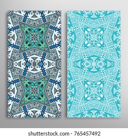 Vertical seamless patterns set, floral geometric lace texture for Wedding, Valentine's day, greeting cards or Birthday Invitations. Decorative seamless backgrounds. Ethnic ornament, border pattern