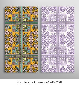 Vertical seamless patterns set, floral geometric lace texture for Wedding, Valentine's day, greeting cards or Birthday Invitations. Decorative seamless backgrounds. Ethnic ornament, border pattern