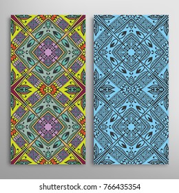 Vertical seamless patterns set, floral geometric lace texture for Wedding, Valentine's day, greeting cards or Birthday Invitations. Decorative seamless backgrounds. Ethnic ornament, border pattern