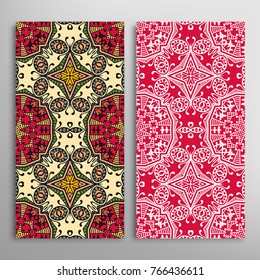 Vertical seamless patterns set, floral geometric lace texture for Wedding, Valentine's day, greeting cards or Birthday Invitations. Decorative seamless backgrounds. Ethnic ornament, border pattern