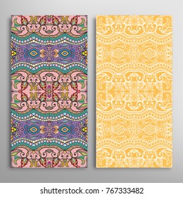 Vertical seamless patterns set, floral geometric lace texture for Wedding, Valentine's day, greeting cards or Birthday Invitations. Decorative seamless backgrounds. Ethnic ornament, border pattern