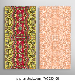 Vertical seamless patterns set, floral geometric lace texture for Wedding, Valentine's day, greeting cards or Birthday Invitations. Decorative seamless backgrounds. Ethnic ornament, border pattern