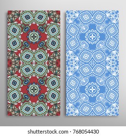 Vertical seamless patterns set, floral geometric lace texture for Wedding, Valentine's day, greeting cards or Birthday Invitations. Decorative seamless backgrounds. Ethnic ornament, border pattern