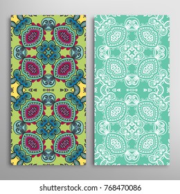 Vertical seamless patterns set, floral geometric lace texture for Wedding, Valentine's day, greeting cards or Birthday Invitations. Decorative seamless backgrounds. Ethnic ornament, border pattern