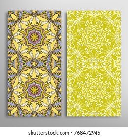 Vertical seamless patterns set, floral geometric lace texture for Wedding, Valentine's day, greeting cards or Birthday Invitations. Decorative seamless backgrounds. Ethnic ornament, border pattern