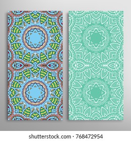 Vertical seamless patterns set, floral geometric lace texture for Wedding, Valentine's day, greeting cards or Birthday Invitations. Decorative seamless backgrounds. Ethnic ornament, border pattern