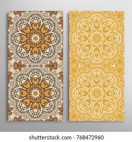 Vertical seamless patterns set, floral geometric lace texture for Wedding, Valentine's day, greeting cards or Birthday Invitations. Decorative seamless backgrounds. Ethnic ornament, border pattern