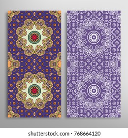 Vertical seamless patterns set, floral geometric lace texture for Wedding, Valentine's day, greeting cards or Birthday Invitations. Decorative seamless backgrounds. Ethnic ornament, border pattern