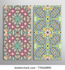 Vertical seamless patterns set, floral geometric lace texture for Wedding, Valentine's day, greeting cards or Birthday Invitations. Decorative seamless backgrounds. Ethnic ornament, border pattern