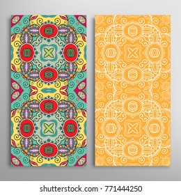 Vertical seamless patterns set, floral geometric lace texture for Wedding, Valentine's day, greeting cards or Birthday Invitations. Decorative seamless backgrounds. Ethnic ornament, border pattern