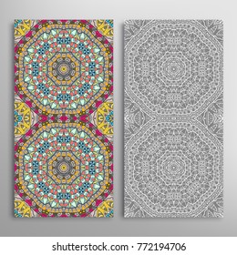 Vertical seamless patterns set, floral geometric lace texture for Wedding, Valentine's day, greeting cards or Birthday Invitations. Decorative seamless backgrounds. Ethnic ornament, border pattern