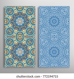 Vertical seamless patterns set, floral geometric lace texture for Wedding, Valentine's day, greeting cards or Birthday Invitations. Decorative seamless backgrounds. Ethnic ornament, border pattern