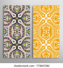 Vertical seamless patterns set, floral geometric lace texture for Wedding, Valentine's day, greeting cards or Birthday Invitations. Decorative seamless backgrounds. Ethnic ornament, border pattern