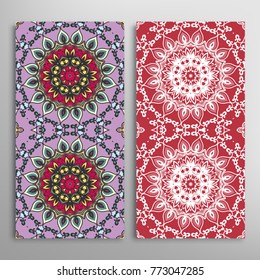 Vertical seamless patterns set, floral geometric lace texture for Wedding, Valentine's day, greeting cards or Birthday Invitations. Decorative seamless backgrounds. Ethnic ornament, border pattern