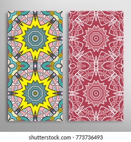 Vertical seamless patterns set, floral geometric lace texture for Wedding, Valentine's day, greeting cards or Birthday Invitations. Decorative seamless backgrounds. Ethnic ornament, border pattern