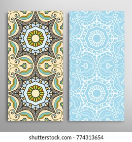Vertical seamless patterns set, floral geometric lace texture for Wedding, Valentine's day, greeting cards or Birthday Invitations. Decorative seamless backgrounds. Ethnic ornament, border pattern
